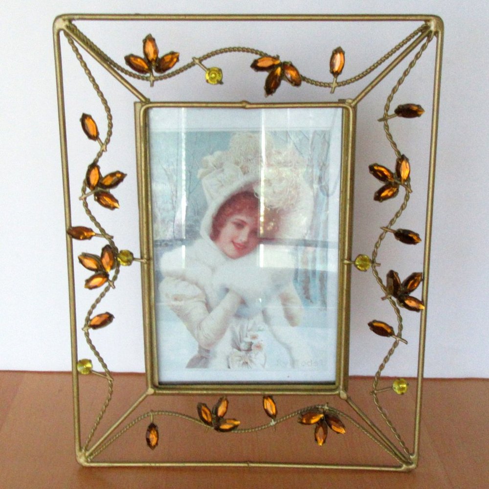 Rhinestone encrusted brass metal open work picture frame - 4" x 6" photo